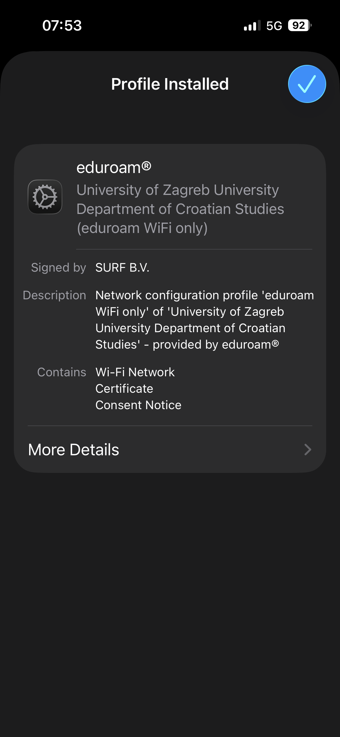 eduroam profil je instaliran